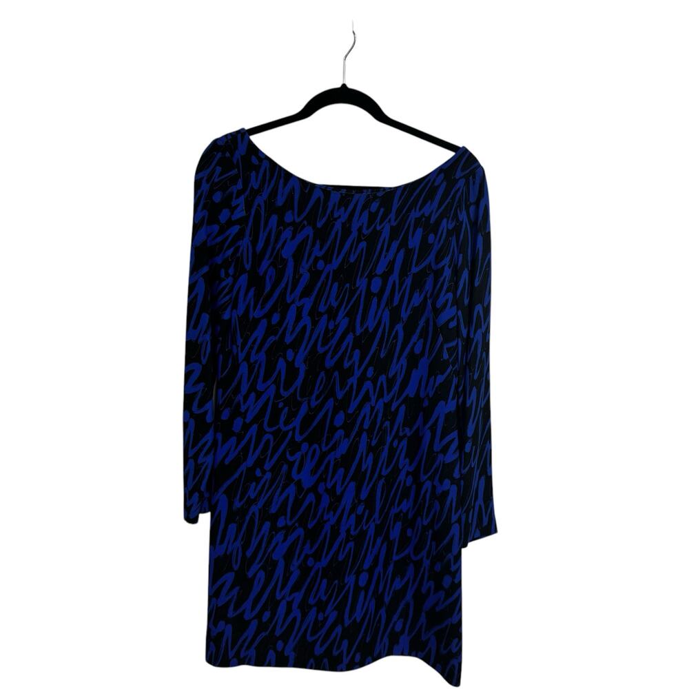 Milly Blue Black Print Long Sleeve Boat Neck Mini Shift Dress Womens 4